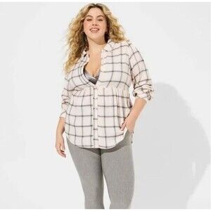 Torrid Pink Plaid Brushed Flannel Button Up Tie Back Tunic Top Shirt Sz 5 (5X)